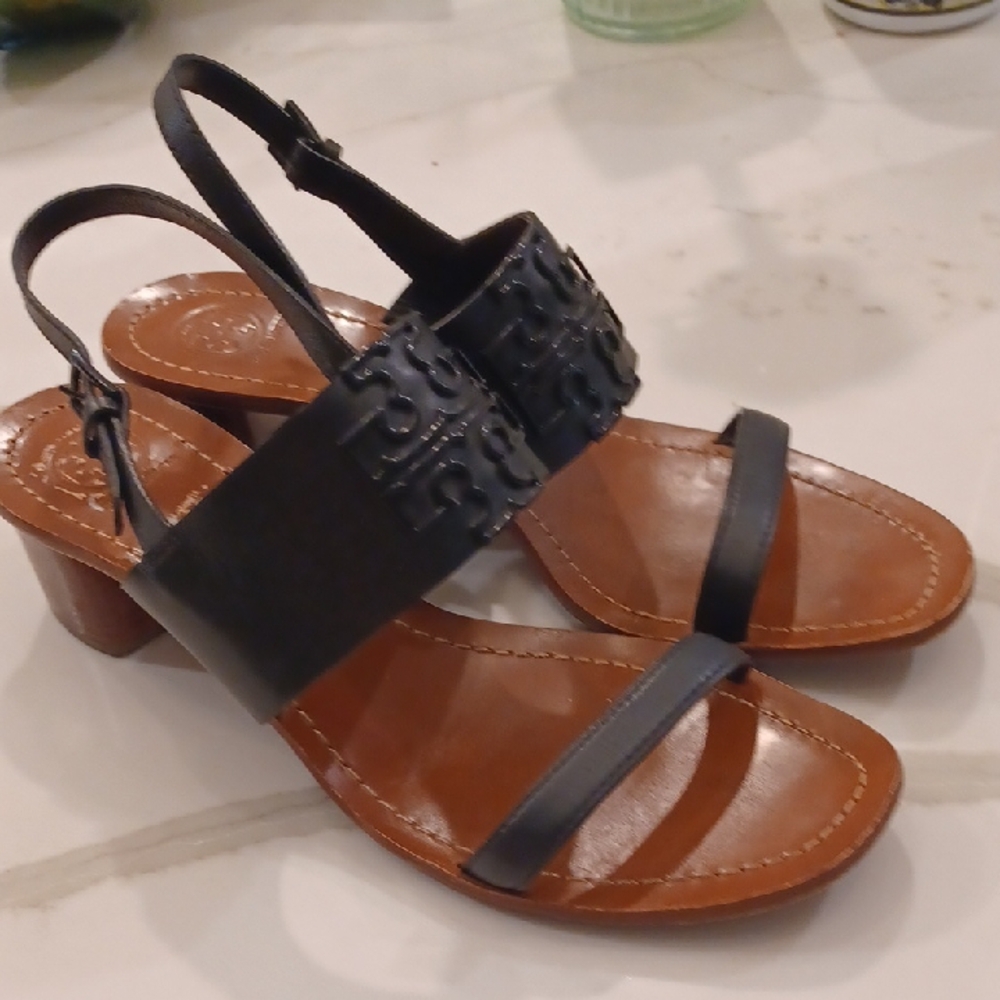 Tory Burch Black and Brown Leather Slingback Sandals